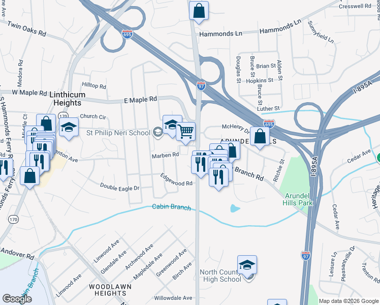 map of restaurants, bars, coffee shops, grocery stores, and more near 301 Marben Road in Linthicum Heights