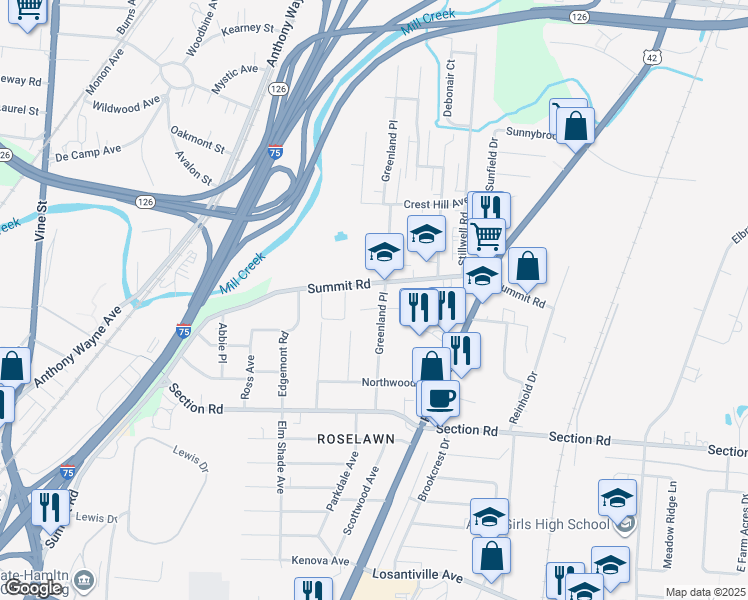 map of restaurants, bars, coffee shops, grocery stores, and more near 7657 Greenland Place in Cincinnati