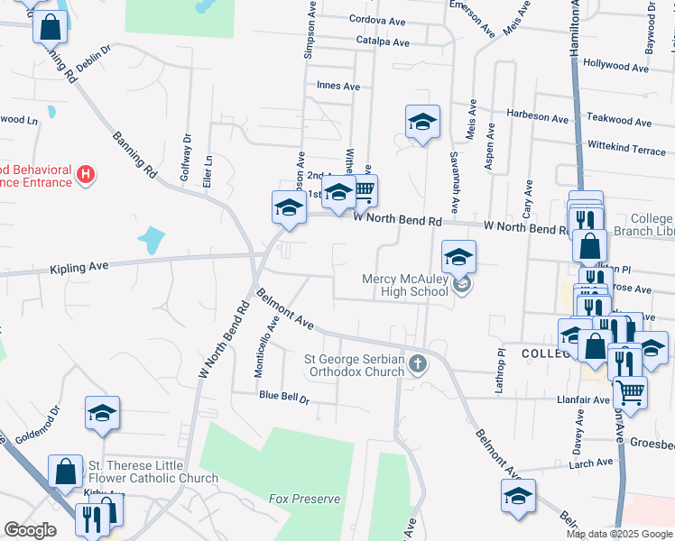 map of restaurants, bars, coffee shops, grocery stores, and more near 6027 Connecticut Court in Cincinnati