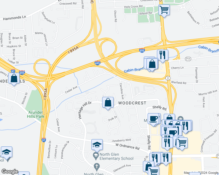 map of restaurants, bars, coffee shops, grocery stores, and more near 221 Candle Light Lane in Glen Burnie