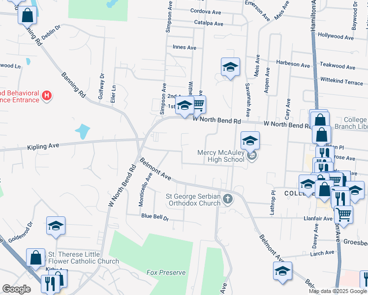 map of restaurants, bars, coffee shops, grocery stores, and more near 6027 Connecticut Court in Cincinnati