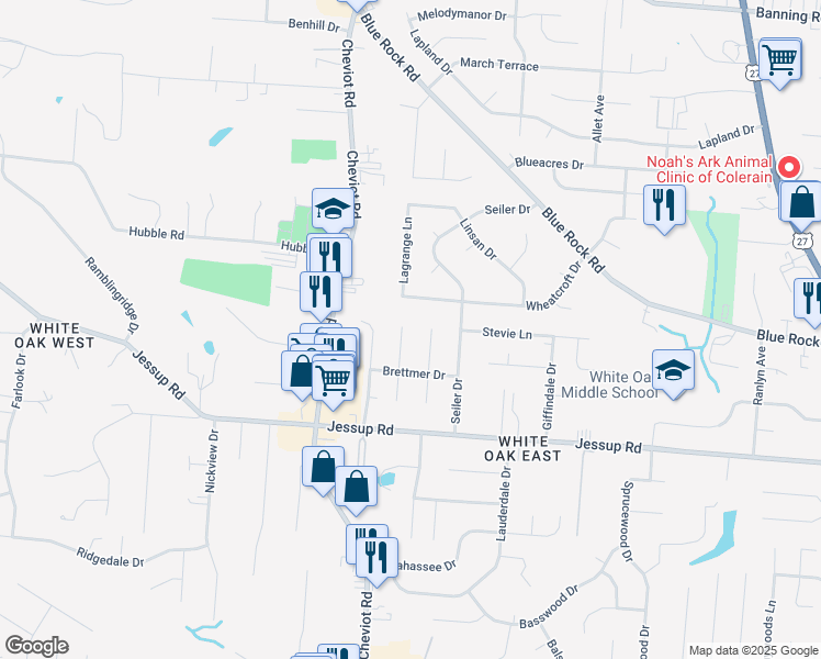 map of restaurants, bars, coffee shops, grocery stores, and more near 5937 Fawnridge Court in Cincinnati