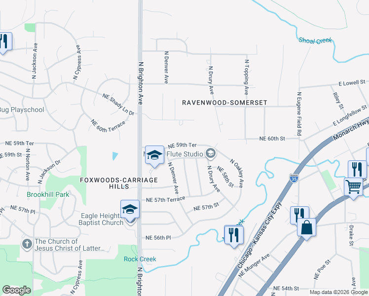 map of restaurants, bars, coffee shops, grocery stores, and more near 5301 Northeast 59th Terrace in Kansas City