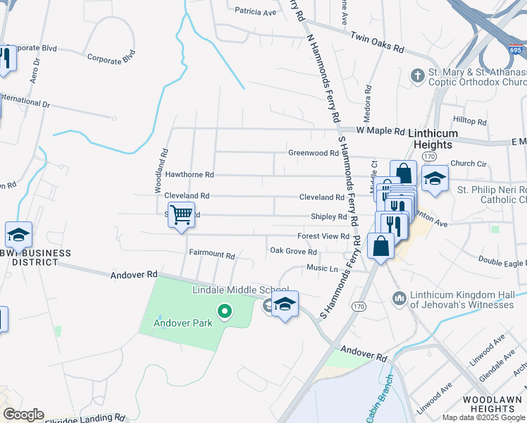 map of restaurants, bars, coffee shops, grocery stores, and more near 506 Shipley Road in Linthicum Heights