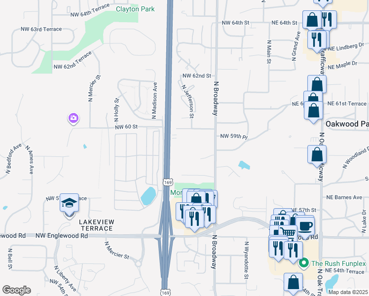 map of restaurants, bars, coffee shops, grocery stores, and more near 735 Northwest 60 Street in Kansas City