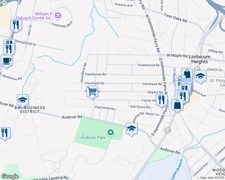 map of restaurants, bars, coffee shops, grocery stores, and more near 530 Shipley Road in Linthicum Heights