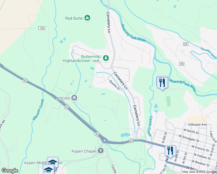 map of restaurants, bars, coffee shops, grocery stores, and more near 813 Bonita Drive in Aspen