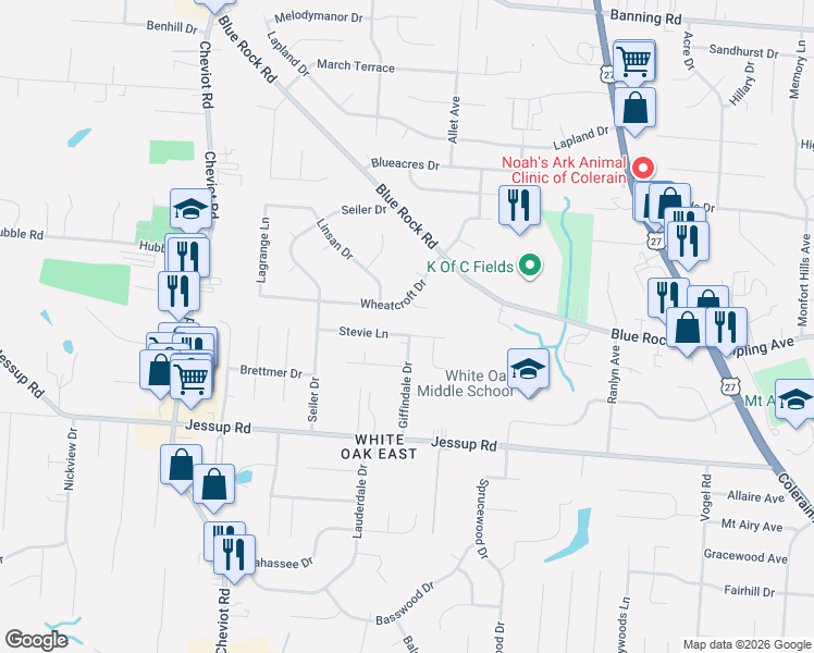 map of restaurants, bars, coffee shops, grocery stores, and more near 3311 Stevie Lane in Cincinnati