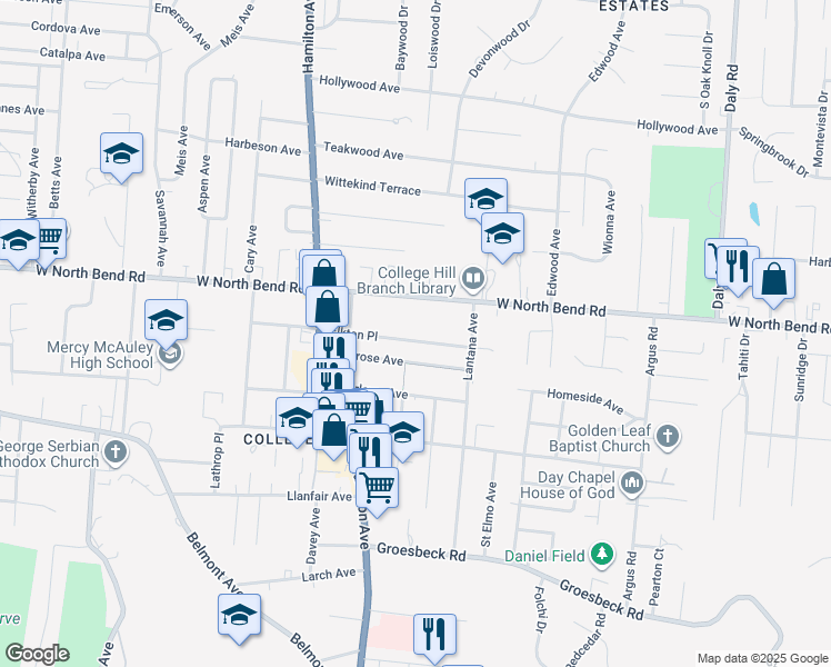 map of restaurants, bars, coffee shops, grocery stores, and more near 1460 Ambrose Avenue in Cincinnati