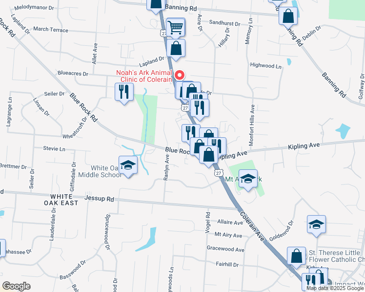 map of restaurants, bars, coffee shops, grocery stores, and more near 2825 Blue Rock Road in Cincinnati