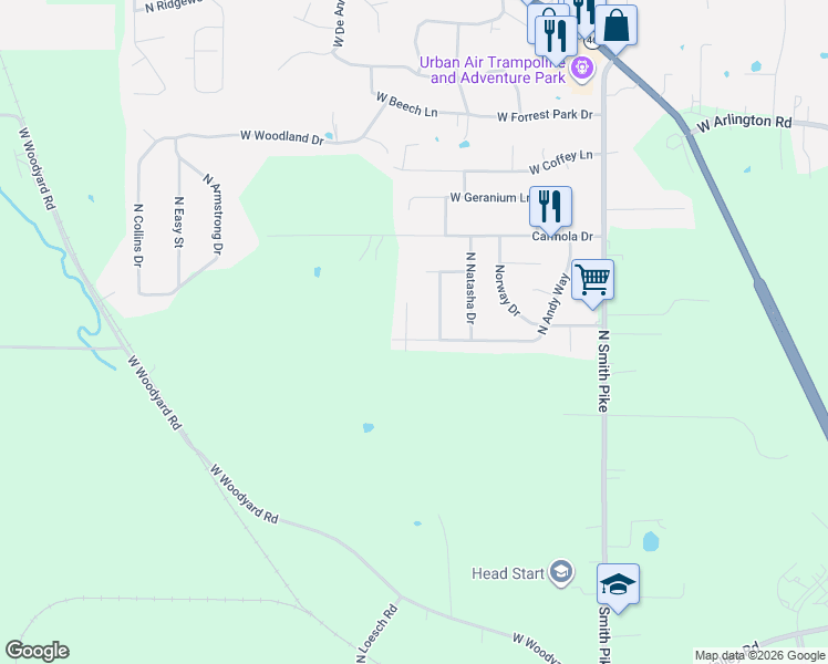 map of restaurants, bars, coffee shops, grocery stores, and more near 2794 North Andy Way in Bloomington