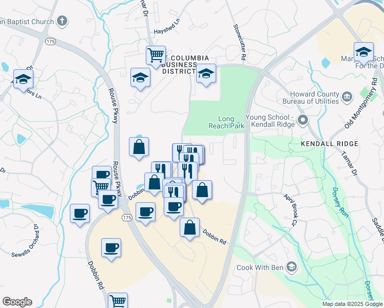 map of restaurants, bars, coffee shops, grocery stores, and more near 5941 Millrace Court in Columbia