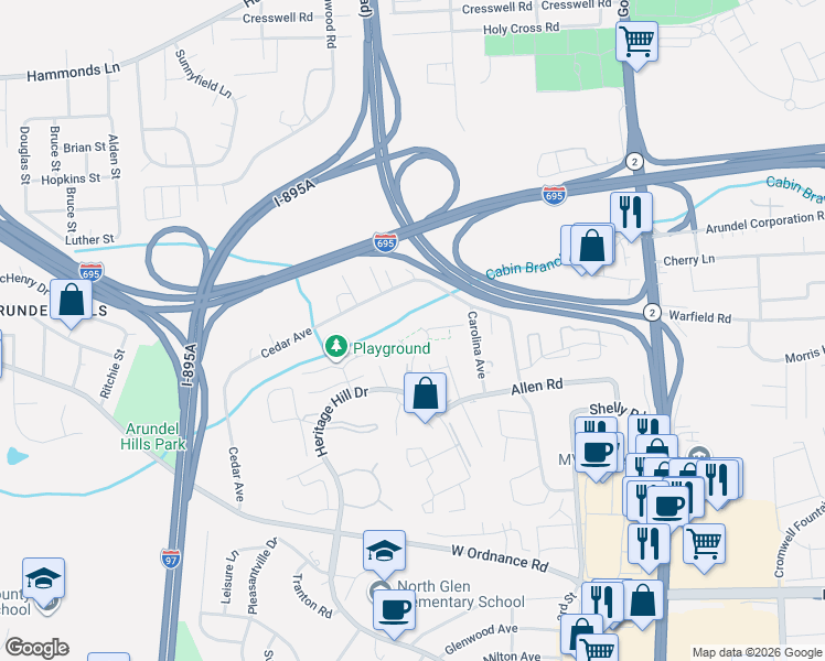 map of restaurants, bars, coffee shops, grocery stores, and more near 6451 Union Court in Glen Burnie