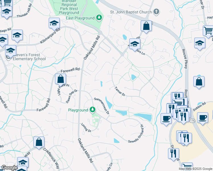 map of restaurants, bars, coffee shops, grocery stores, and more near 6149 Gate Sill in Columbia