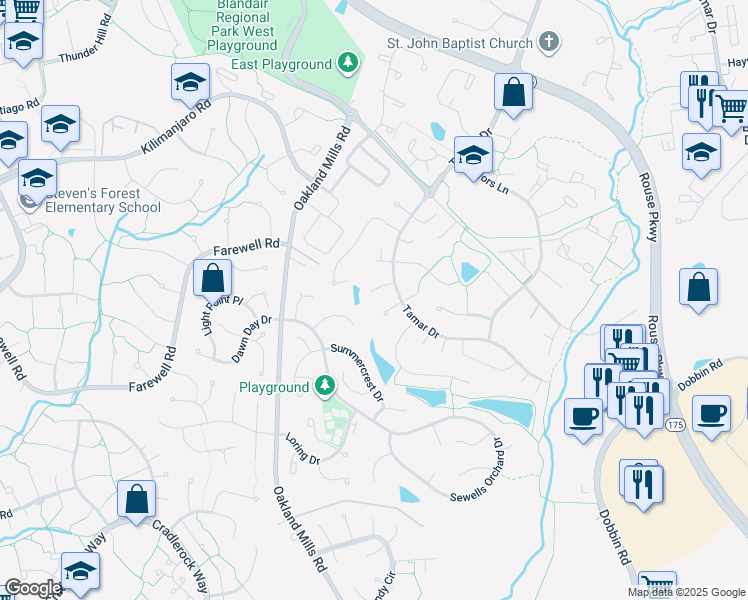 map of restaurants, bars, coffee shops, grocery stores, and more near 6149 Gate Sill in Columbia