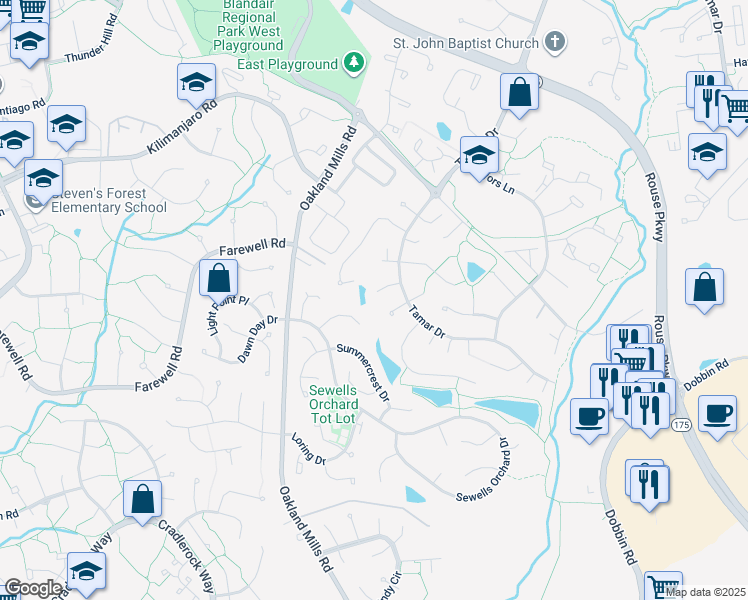 map of restaurants, bars, coffee shops, grocery stores, and more near 6153 Gate Sill in Columbia