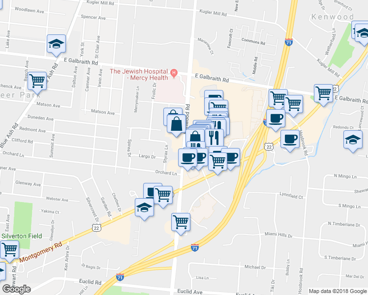 map of restaurants, bars, coffee shops, grocery stores, and more near 7701 Kenwood Road in Cincinnati