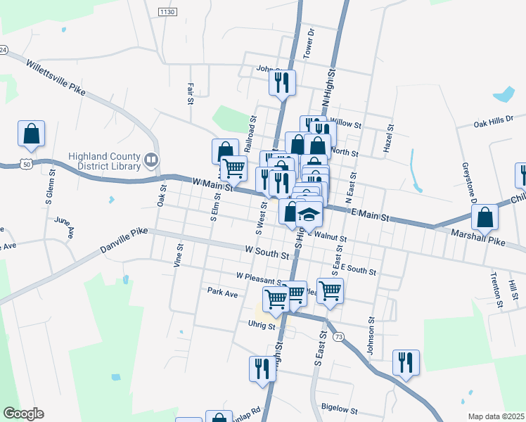 map of restaurants, bars, coffee shops, grocery stores, and more near 211 West Main Street in Hillsboro