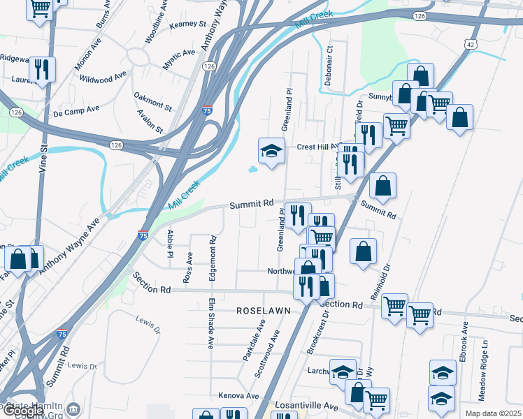 map of restaurants, bars, coffee shops, grocery stores, and more near 1588 Summit Road in Cincinnati