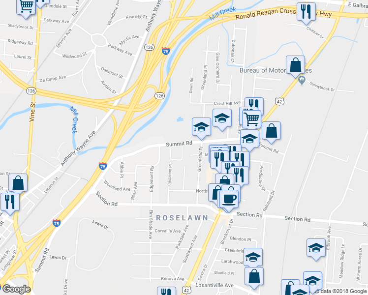 map of restaurants, bars, coffee shops, grocery stores, and more near 1588 Summit Road in Cincinnati
