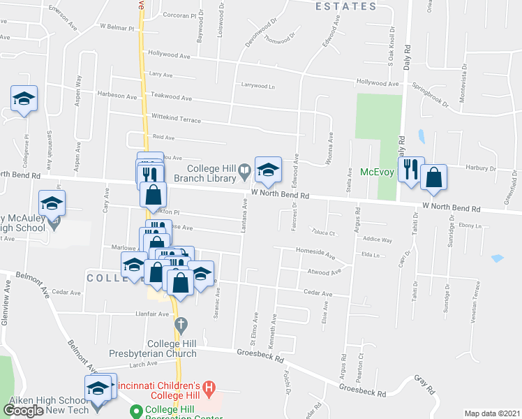 map of restaurants, bars, coffee shops, grocery stores, and more near 1325 West North Bend Road in Cincinnati