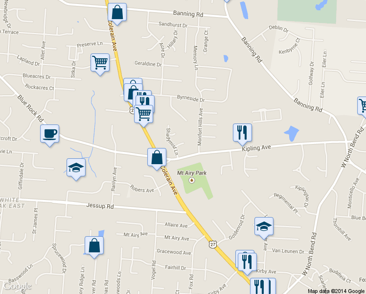 map of restaurants, bars, coffee shops, grocery stores, and more near 2618 Chesterfield Court in Cincinnati