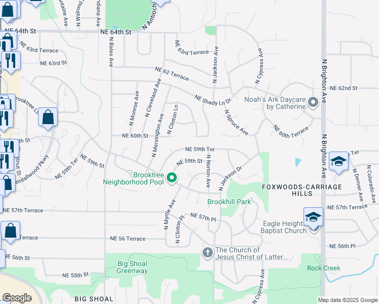 map of restaurants, bars, coffee shops, grocery stores, and more near 3925 Northeast 60th Street in Kansas City