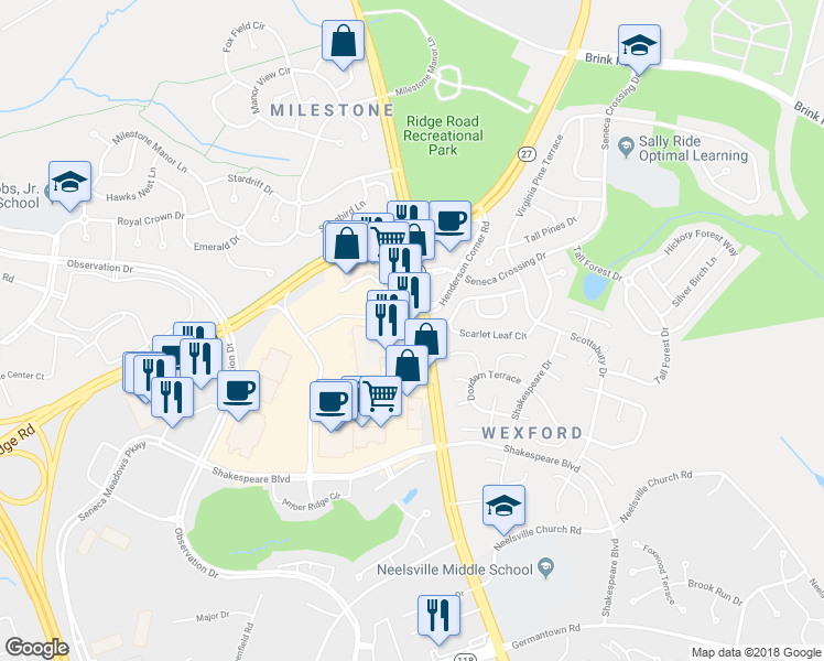 map of restaurants, bars, coffee shops, grocery stores, and more near 20971 Frederick Road in Germantown