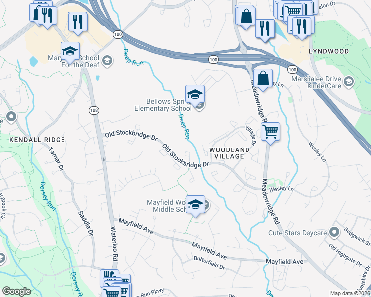 map of restaurants, bars, coffee shops, grocery stores, and more near 7833 Whistling Pines Court in Ellicott City