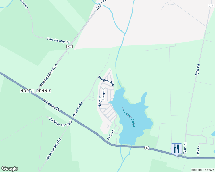 map of restaurants, bars, coffee shops, grocery stores, and more near 307 Holly Lane in Woodbine