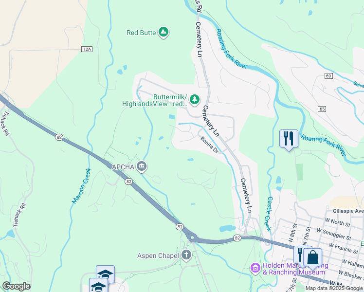 map of restaurants, bars, coffee shops, grocery stores, and more near 1432 Sierra Vista Drive in Aspen