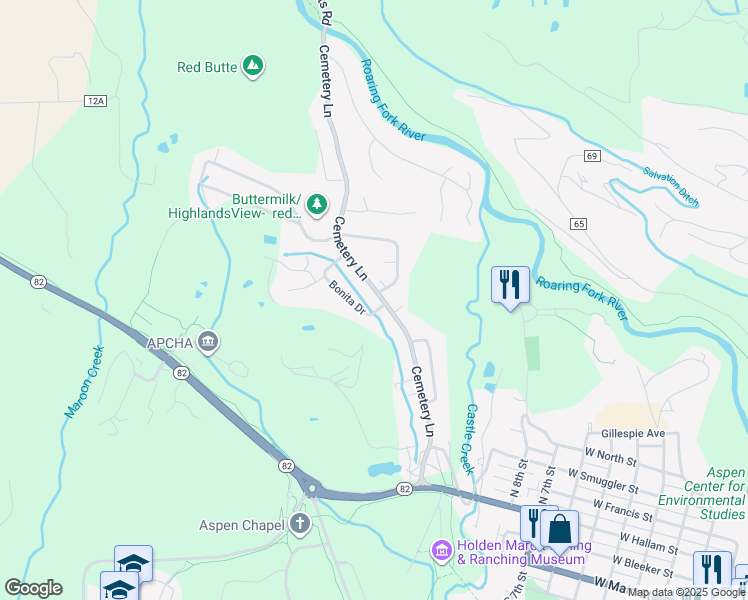 map of restaurants, bars, coffee shops, grocery stores, and more near 1215 Snowbunny Lane in Aspen