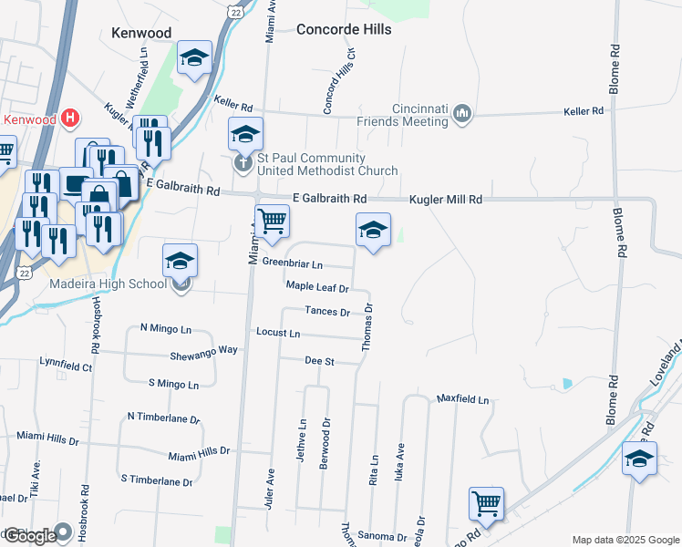 map of restaurants, bars, coffee shops, grocery stores, and more near 7903 Greenbriar Lane in Cincinnati