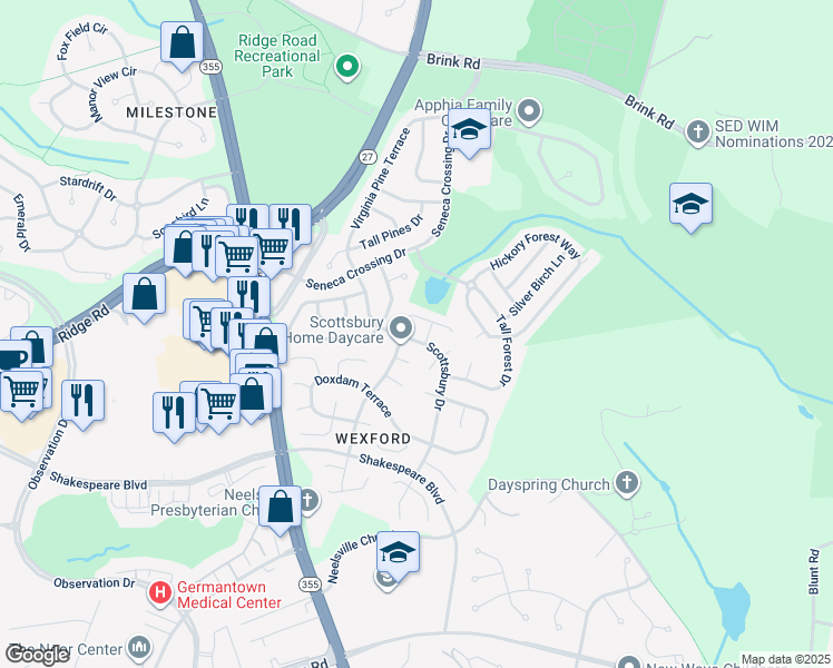 map of restaurants, bars, coffee shops, grocery stores, and more near 20929 Scottsbury Drive in Germantown