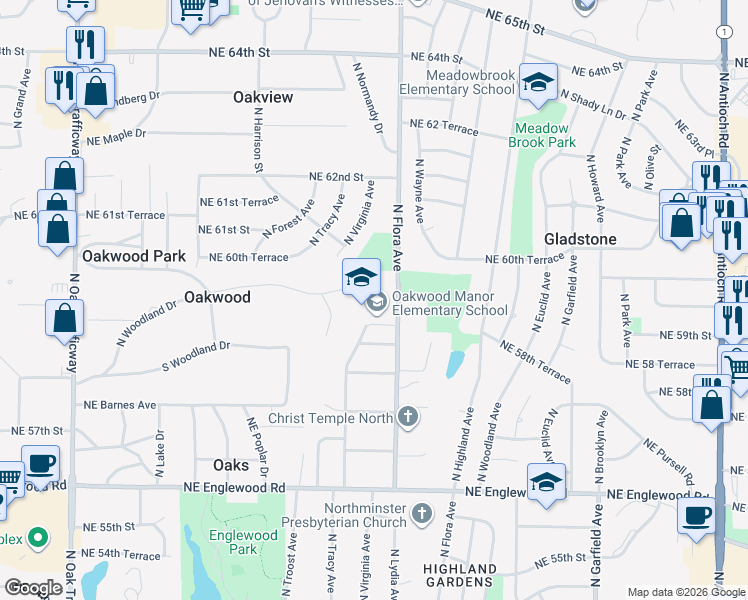 map of restaurants, bars, coffee shops, grocery stores, and more near 5900 North Flora Avenue in Kansas City