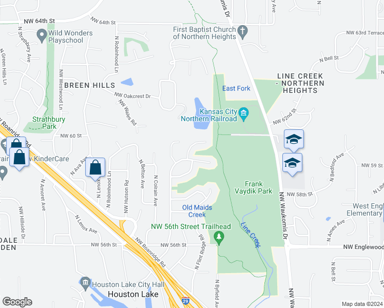 map of restaurants, bars, coffee shops, grocery stores, and more near 5905 North Liston Court in Kansas City