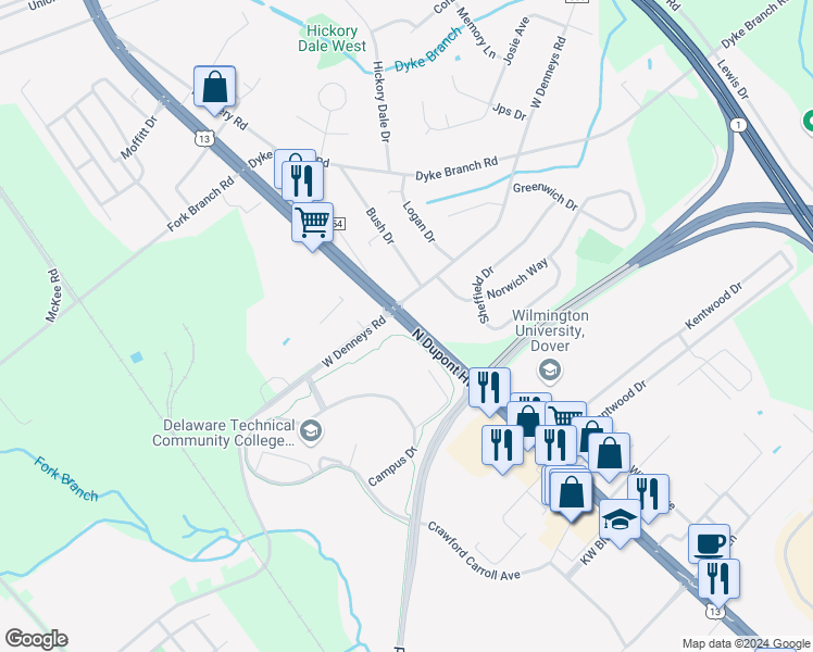 map of restaurants, bars, coffee shops, grocery stores, and more near 405 North Dupont Highway in Dover