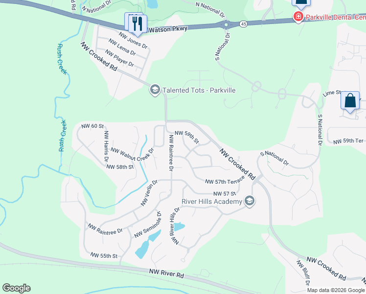 map of restaurants, bars, coffee shops, grocery stores, and more near 5827 Northwest Aspen Lane in Parkville