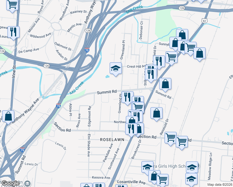 map of restaurants, bars, coffee shops, grocery stores, and more near 7717 Greenland Place in Cincinnati
