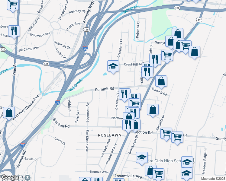 map of restaurants, bars, coffee shops, grocery stores, and more near 7717 Greenland Place in Cincinnati