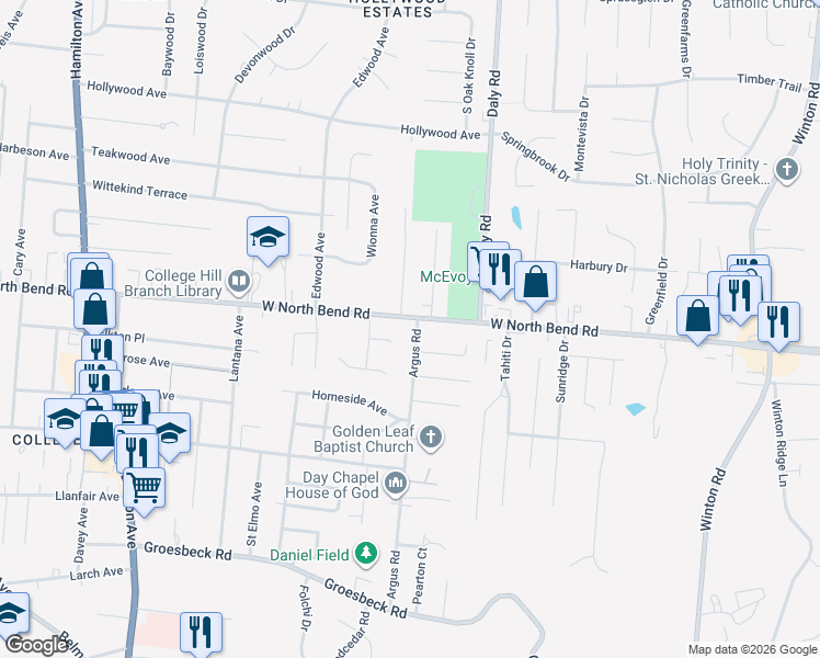 map of restaurants, bars, coffee shops, grocery stores, and more near 6201 Stella Avenue in Cincinnati