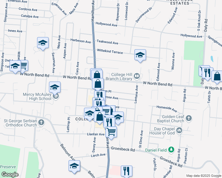 map of restaurants, bars, coffee shops, grocery stores, and more near 6122 Gladys Avenue in Cincinnati
