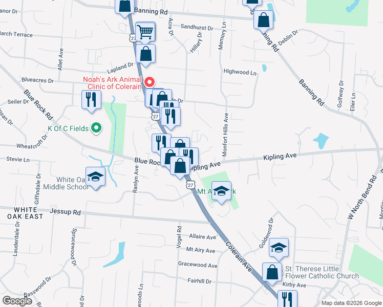 map of restaurants, bars, coffee shops, grocery stores, and more near 5856 Shadymist Lane in Cincinnati