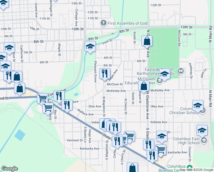 map of restaurants, bars, coffee shops, grocery stores, and more near 312 Hope Avenue in Columbus