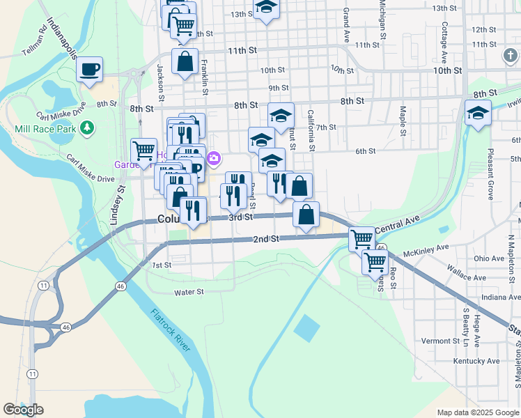 map of restaurants, bars, coffee shops, grocery stores, and more near 333 Pearl Street in Columbus