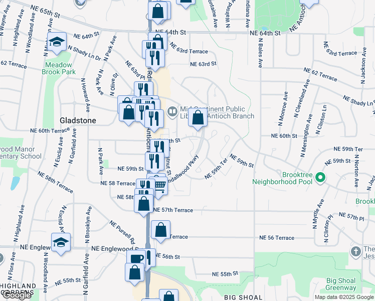 map of restaurants, bars, coffee shops, grocery stores, and more near 2900 Northeast Kendallwood Parkway in Gladstone