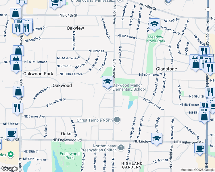 map of restaurants, bars, coffee shops, grocery stores, and more near 5940 North Flora Avenue in Gladstone