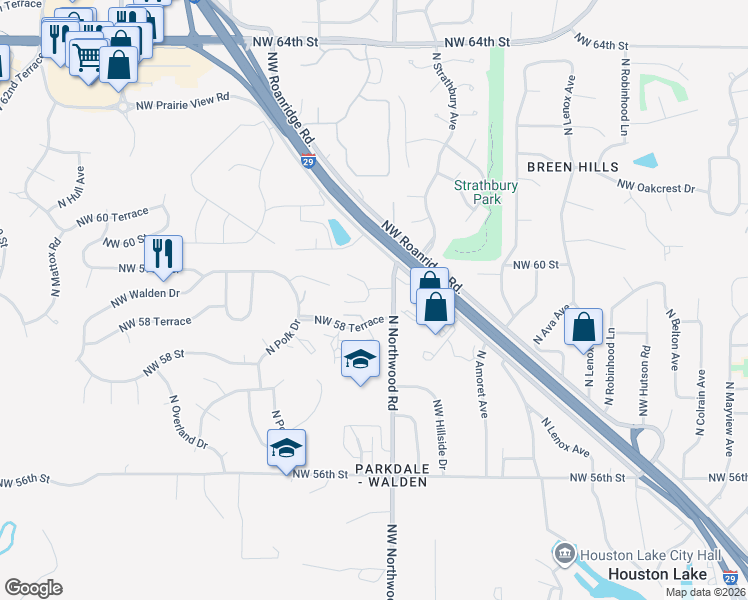 map of restaurants, bars, coffee shops, grocery stores, and more near 5964 North Northwood Road in Kansas City