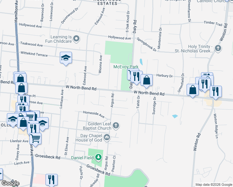 map of restaurants, bars, coffee shops, grocery stores, and more near 1086 West North Bend Road in Cincinnati