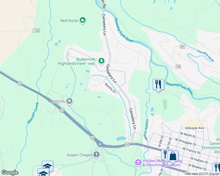 map of restaurants, bars, coffee shops, grocery stores, and more near Bonita Drive in Aspen